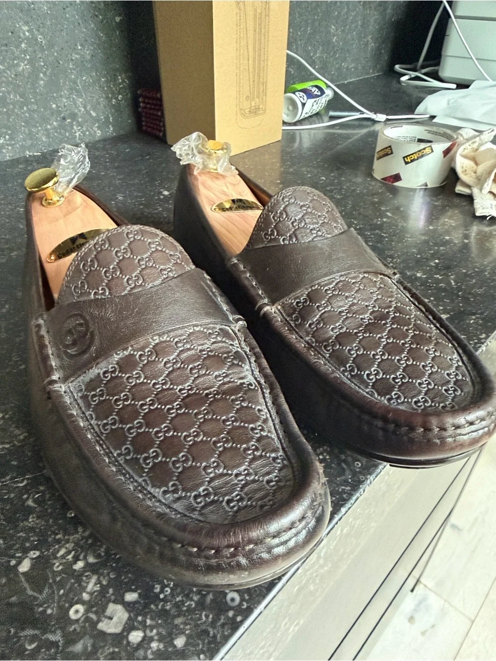 Gucci Men's Dark Brown Embossed GG Leather Loafers